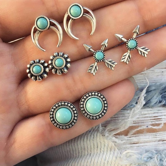 Jewelry - 4 Pair Boho Arrows Turquoise and Silver Earrings